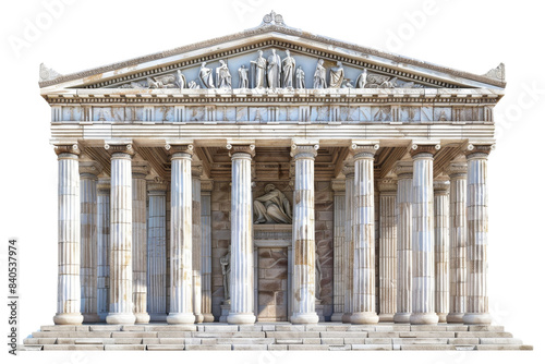 Classical Greek temple facade with iconic columns and detailed pediment, isolated on a transparent background.