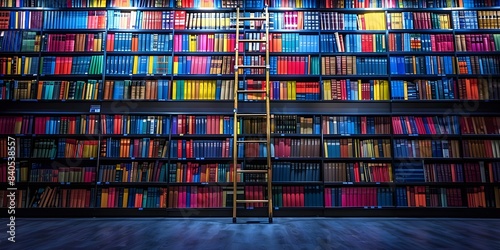 Bookstore with tall shelves filled with colorful books and a ladder. Concept Library atmosphere, Colorful bookshelves, Vintage ladder, Intellectual setting, Cozy reading nooks