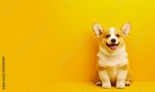 Close-up portrait of sitting welsh corgi pembroke dog. Funny pet on clear yellow background. Fashion, style, cool animal concept with copy space. For greeting card, birthday, party, ads.