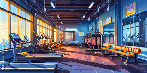 Fitness Center Membership Blitz: Gym interior with workout equipment, trainers, and promotional posters promoting New Year Fitness Sale and Join Now for Discounts.