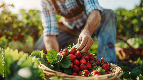 closeup of a farmer picking delicious red strawberries, harvesting fresh and organic produce. a basket with berries of a man's hand