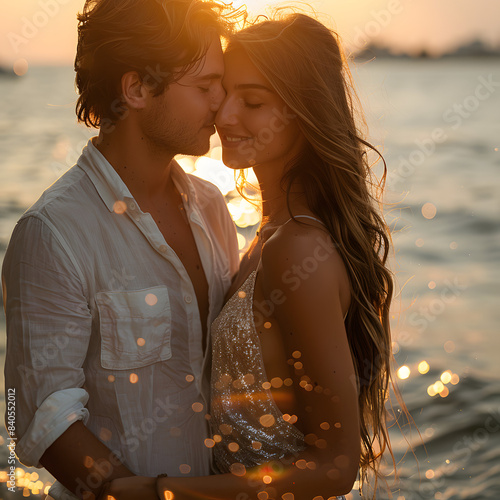young couple kissing by the sea in thessaloniki during a sunny summer day isolated on white background, studio photography, png