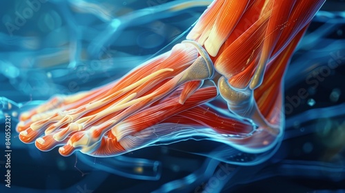 A close up of a foot with the muscles and tendons clearly visible