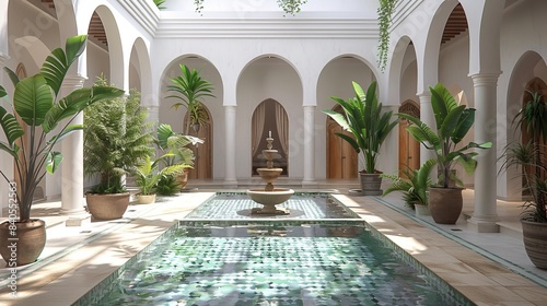 A Moroccan riad adorned with arches, the distinctive architecture of North Africa. Centred around a fountain and surrounded by arches is a courtyard house.