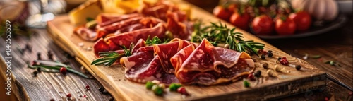 A rustic charcuterie board with sliced cured meats, cheese, and greenery on a wooden table, set in a warm, inviting ambiance.