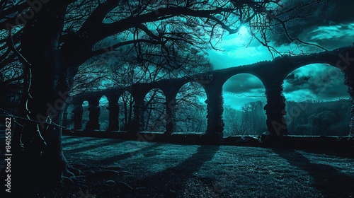 Mystical ancient stone aqueduct shrouded in eerie moonlight under a clear night sky with shadows from tree branches creating an enchanting ambiance.