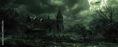 Eerie haunted mansion covered in darkness with murky atmosphere, surrounded by dark forest and stormy skies.