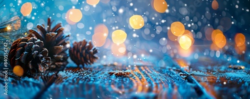 Christmas lights and fir branches on a snowy table