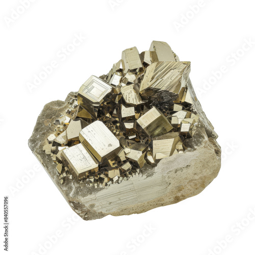 Elegant specimen of natural cubic pyrite crystals. Perfect for geology enthusiasts and crystal collectors. High-quality mineral stock photo.