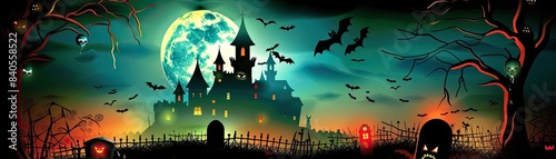 Spooky haunted house with bats and full moon. Dark atmospheric Halloween night scene with eerie glow, graveyard, and castle silhouette.