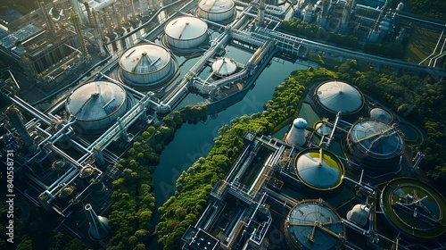 Aerial view of a modern wastewater treatment plant surrounded by lush greenery, showcasing industrial infrastructure and environmental harmony.