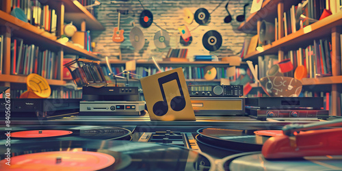 Vintage Music Shop: Music Notes in a Vintage Record Store Setting with Vinyl Records and Retro Decor.
