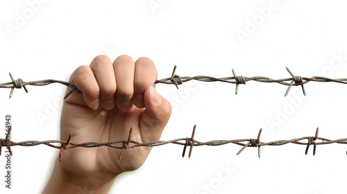 hand and barbed wire. violation of the law on the departure of citizens from ukraine isolated on white background, realistic, png