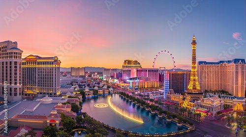 panoramic view of las vegas strip at sunrise with illuminated hotels and casinos luxury travel destination photography