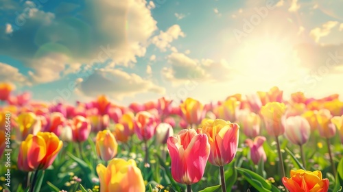 A vibrant tulip field in full bloom under a bright and sunny sky, with rows of colorful tulips creating a mesmerizing pattern. Realistic photo perfect for a breathtaking and vivid desktop wallpaper