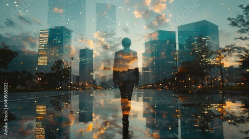 Person amidst cityscape with reflective puddles