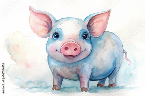 Happy piglet smiling with a large "P" behind in watercolor.