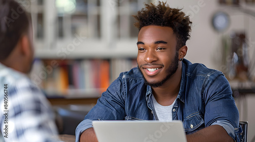 biracial colleague in blue shirt uses laptop, talks with african american colleague isolated on white background, simple style, png