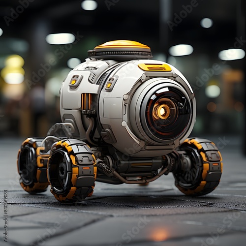 A futuristic, spherical robot with glowing eyes and wheels, standing on a concrete surface.
