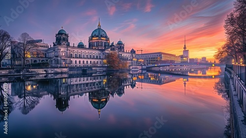 reichstag building reflecting in river spree at dawn berlin landmarks travel photo