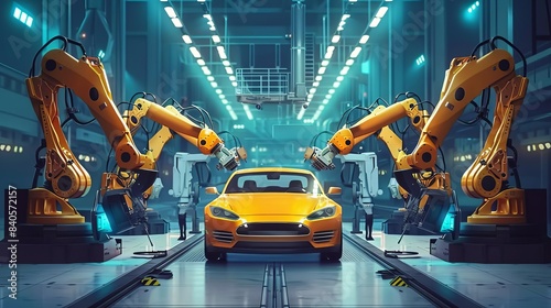 robotic arms assembling cars in automated factory automotive engineering and technology digital painting