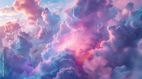 A high-angle view of a futuristic holographic love letter enveloped in a pastel cloudscape
