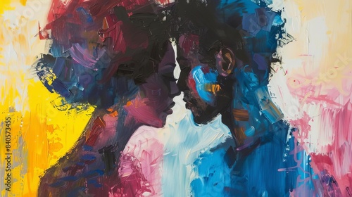 romantic interracial couple in love abstract painting with brush strokes