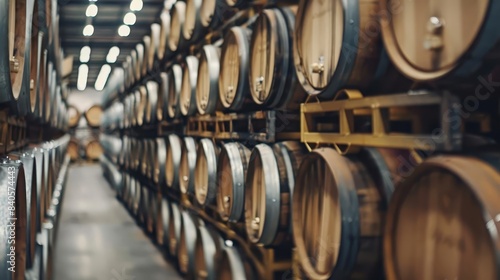 rows of whiskey bourbon and scotch barrels in an aging facility artisanal spirits production