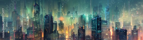 Illustrate a futuristic cityscape with towering skyscrapers fused with intricate nanotechnology, hinting at hidden stories waiting to be uncovered in an urban metropolis