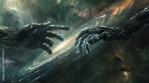 Illustrate a sleek, futuristic cyborg hand emerging from a swirling galaxy, captured from a dynamic sideways perspective