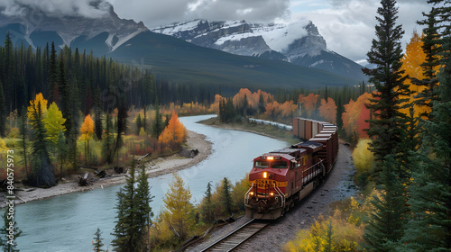 long freight train moving along bow river in canadian rockies ,banff national park, canadian rockies,canada isolated on white background, photo, png