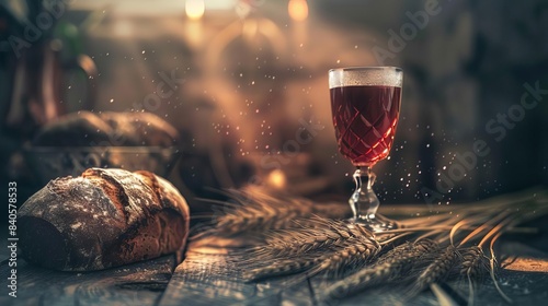 sacred christian eucharist sacrament concept symbolic bread and wine on rustic wooden table artistic illustration of holy communion religious ritual