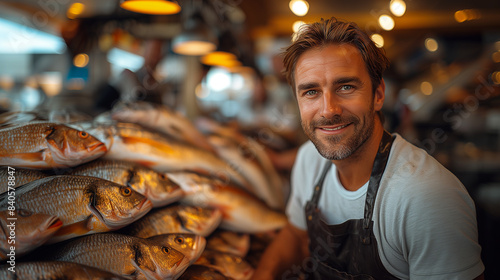 Happy fishmonger at seaside market during sunset. Fresh seafood and market concept with copy space