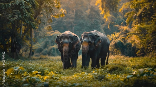 Majestic Elephants Roaming in Lush Tropical Jungle Habitat