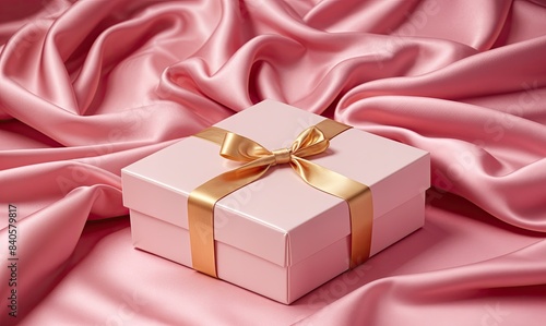 Pudełko prezentowe ze złotą wstążką na różowym atłasowym tle.