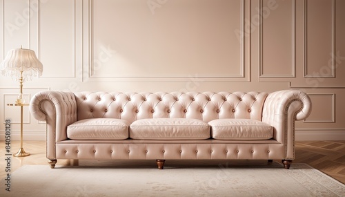Ekskluzywna sofa z beżowej skóry w luksusowym hotelowym apartamencie.