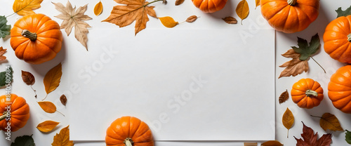 halloween pumpkin border An autumnal mock-up composition with orange pumpkins and falling leaves on a pale background