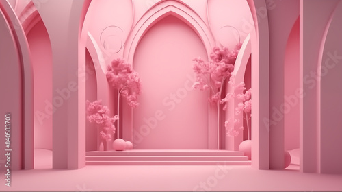 pink floral 3d background, in the style of dreamlike architecture, lightbox, arched doorways