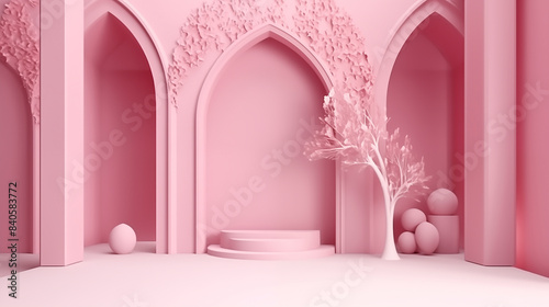 pink floral 3d background, in the style of dreamlike architecture, lightbox, arched doorways