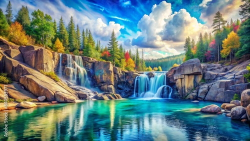 Colorful rocky landscape with a beautiful blue waterfall and lake in watercolor style, watercolor, landscape, rocks, colorful