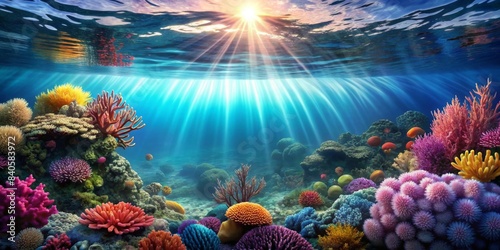 Underwater landscape with vibrant corals, serene waterline, and rising air bubbles, underwater, landscape, corals, water