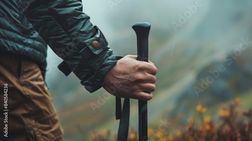 Close-up of hands leaning on a hiking pole generative ai