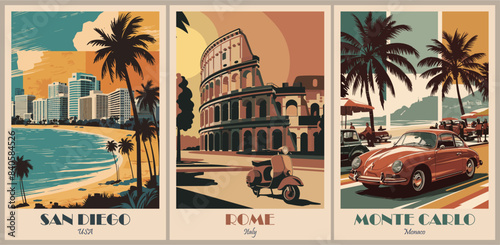 Set of Travel Destination Posters in retro style. Rome, Italy, San Diego, USA, Monte Carlo, Monaco digital prints. Summer vacation, holidays concept. Vintage vector colorful illustrations.