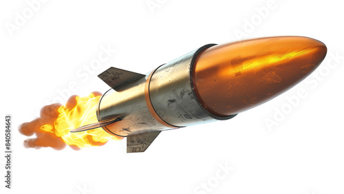 A ballistic missile launches, leaving a trail of fire in its wake against a white background. Isolated image for design.