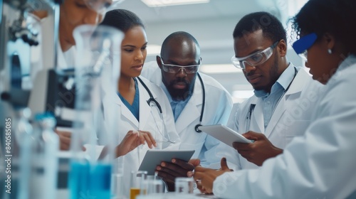 A team of medical scientists in a modern laboratory discusses and uses a digital tablet to analyze innovative biomarker research data