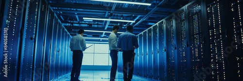 A group of engineers maintaining server racks and solving technical problems with a focus on cybersecurity and system reliability in a data center.