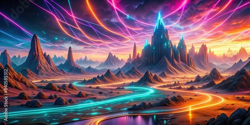 Surreal fantasy landscape with glowing neon lines and rocky mountains under a sunset sky, render, abstract, panoramic, background, surreal, fantasy, landscape, sunset, sky, rocky mountains