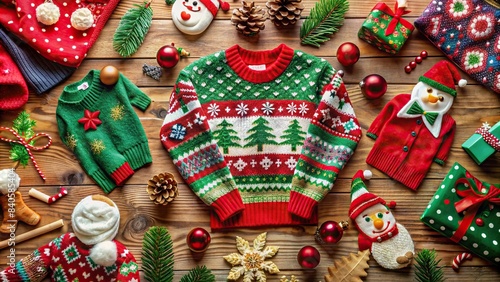Holiday sweater themed flat lay with ugly sweaters and props, Christmas, winter, festive, humor, quirky, seasonal, tradition, apparel, clothing, knitwear, design, garish, patterned, tacky