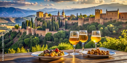 Wine, beer, and olives on a table with a view of the Alhambra in the background, Spanish, tapas, drink, alcohol, snack
