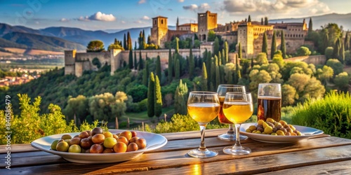 Wine, beer, and olives on a table with a view of the Alhambra in the background, Spanish, tapas, drink, alcohol, snack